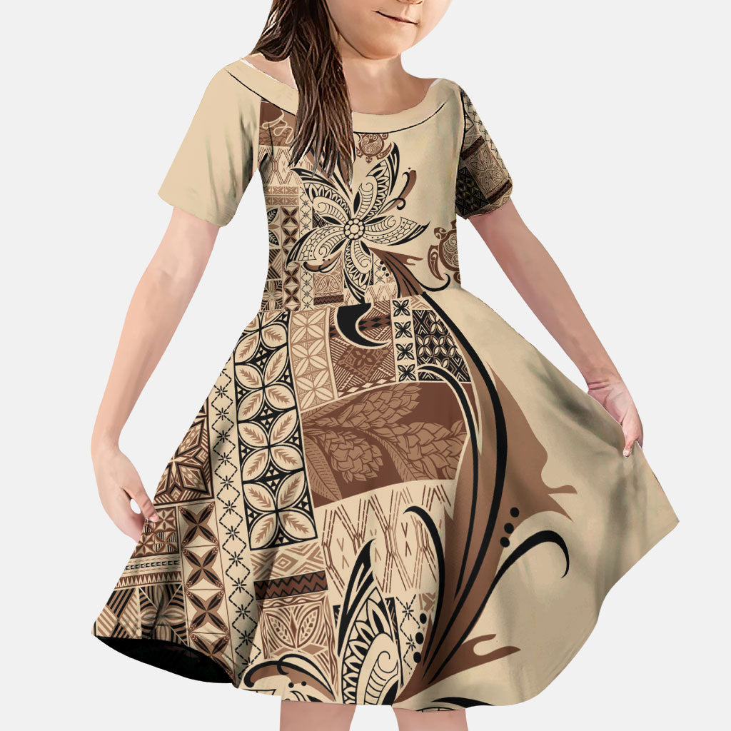 Talofa Samoa Mamanu Siapo Mix Malu Family Matching Off Shoulder Short Dress and Hawaiian Shirt Classic Beige Frangipani and Turtles LT7 Daughter's Dress Beige - Polynesian Pride