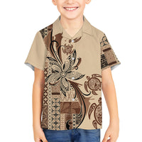 Talofa Samoa Mamanu Siapo Mix Malu Family Matching Off Shoulder Short Dress and Hawaiian Shirt Classic Beige Frangipani and Turtles LT7 Son's Shirt Beige - Polynesian Pride