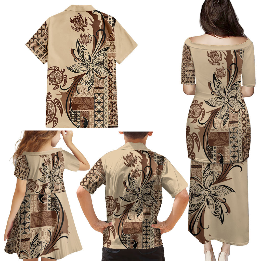 Talofa Samoa Mamanu Siapo Mix Malu Family Matching Puletasi and Hawaiian Shirt Classic Beige Frangipani and Turtles LT7 - Polynesian Pride