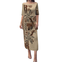 Talofa Samoa Mamanu Siapo Mix Malu Family Matching Puletasi and Hawaiian Shirt Classic Beige Frangipani and Turtles LT7 Mom's Dress Beige - Polynesian Pride