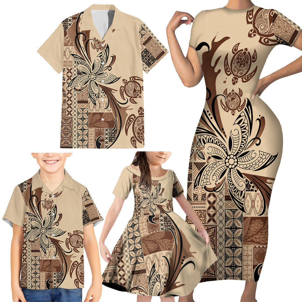 Talofa Samoa Mamanu Siapo Mix Malu Family Matching Short Sleeve Bodycon Dress and Hawaiian Shirt Classic Beige Frangipani and Turtles