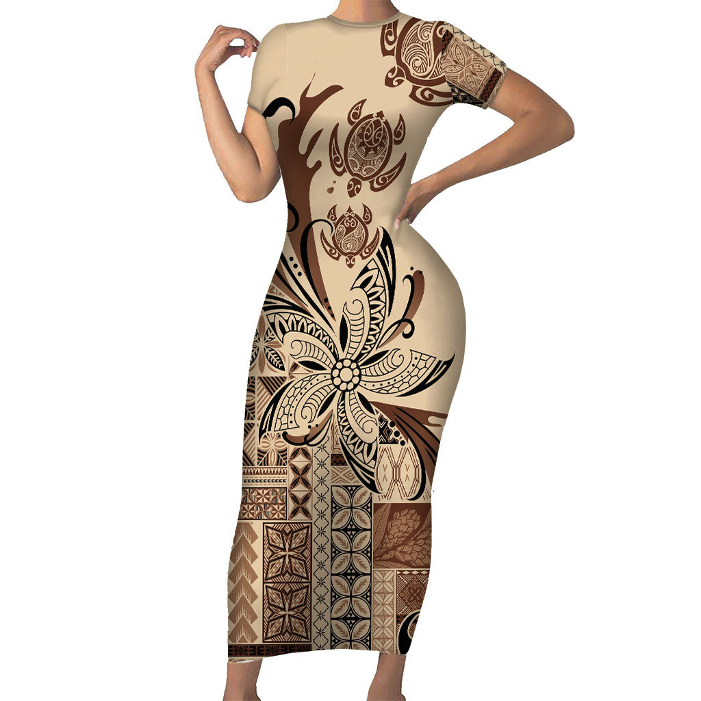Talofa Samoa Mamanu Siapo Mix Malu Family Matching Short Sleeve Bodycon Dress and Hawaiian Shirt Classic Beige Frangipani and Turtles LT7 Mom's Dress Beige - Polynesian Pride