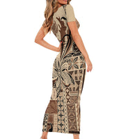 Talofa Samoa Mamanu Siapo Mix Malu Family Matching Short Sleeve Bodycon Dress and Hawaiian Shirt Classic Beige Frangipani and Turtles LT7 - Polynesian Pride