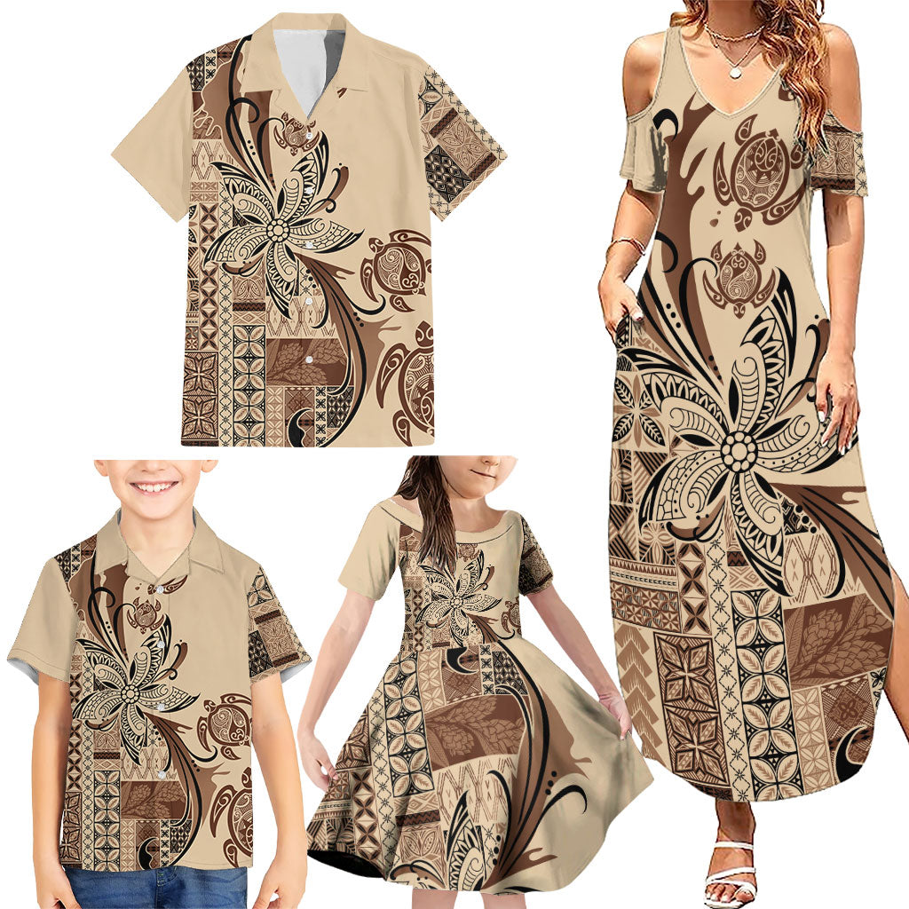Talofa Samoa Mamanu Siapo Mix Malu Family Matching Summer Maxi Dress and Hawaiian Shirt Classic Beige Frangipani and Turtles LT7 - Polynesian Pride