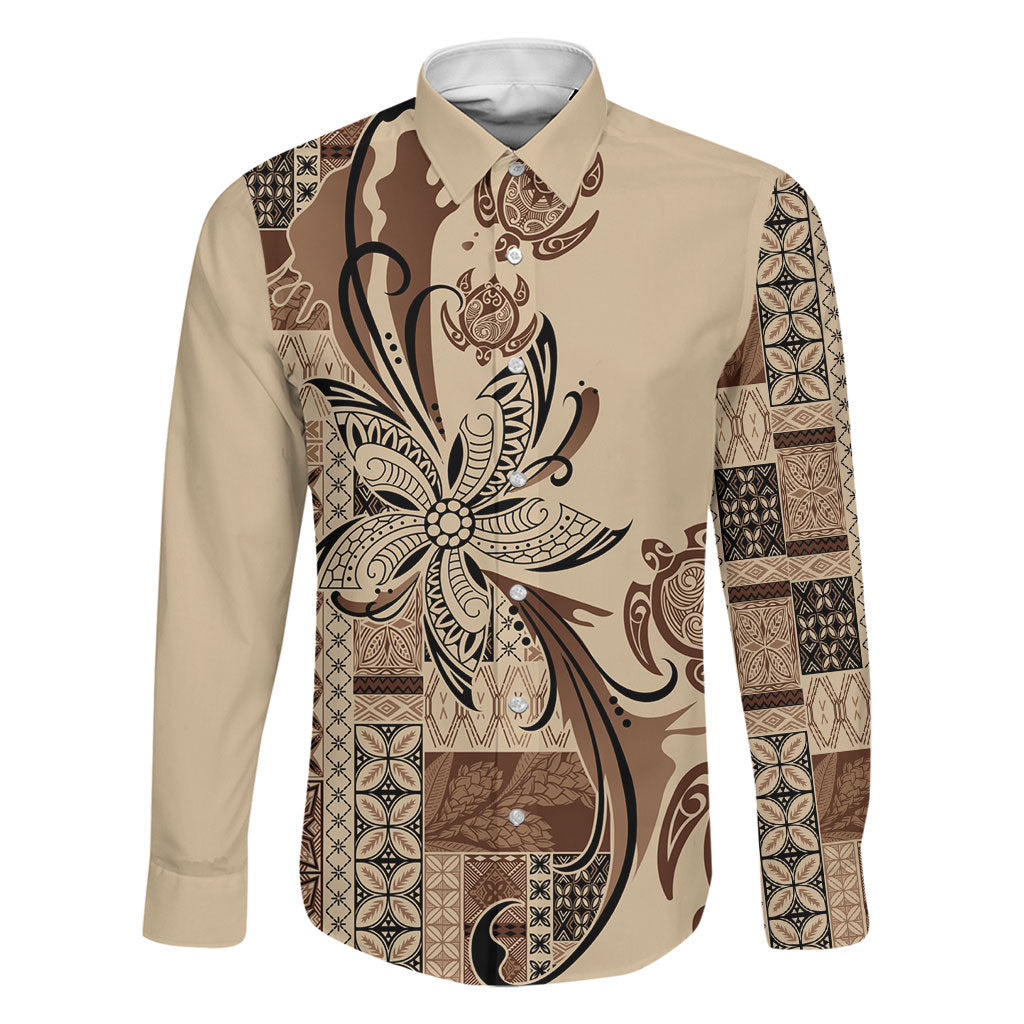 Talofa Samoa Mamanu Siapo Mix Malu Family Matching Summer Maxi Dress and Hawaiian Shirt Classic Beige Frangipani and Turtles LT7 Dad's Shirt - Long Sleeve Beige - Polynesian Pride