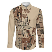 Talofa Samoa Mamanu Siapo Mix Malu Family Matching Summer Maxi Dress and Hawaiian Shirt Classic Beige Frangipani and Turtles LT7 Dad's Shirt - Long Sleeve Beige - Polynesian Pride