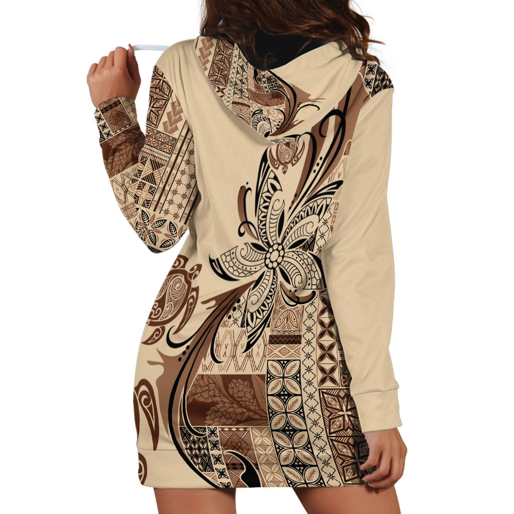 Talofa Samoa Mamanu Siapo Mix Malu Hoodie Dress Classic Beige Frangipani and Turtles LT7 - Polynesian Pride