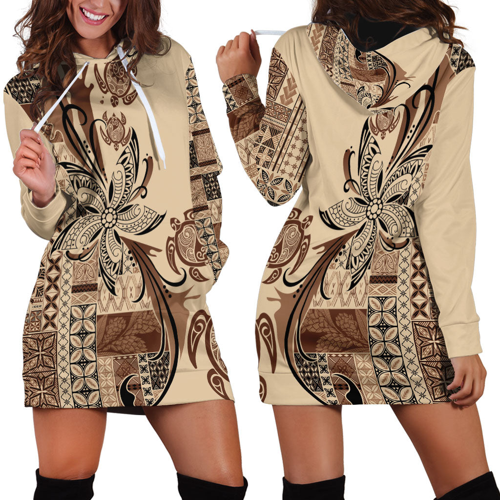 Talofa Samoa Mamanu Siapo Mix Malu Hoodie Dress Classic Beige Frangipani and Turtles LT7 - Polynesian Pride
