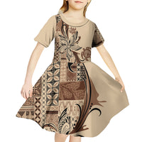 Talofa Samoa Mamanu Siapo Mix Malu Kid Short Sleeve Dress Classic Beige Frangipani and Turtles