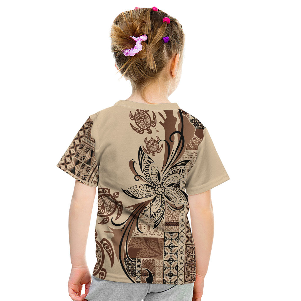 Talofa Samoa Mamanu Siapo Mix Malu Kid T Shirt Classic Beige Frangipani and Turtles LT7 - Polynesian Pride