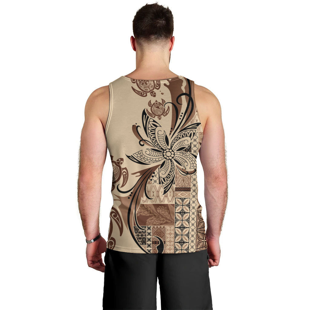 Talofa Samoa Mamanu Siapo Mix Malu Men Tank Top Classic Beige Frangipani and Turtles LT7 - Polynesian Pride