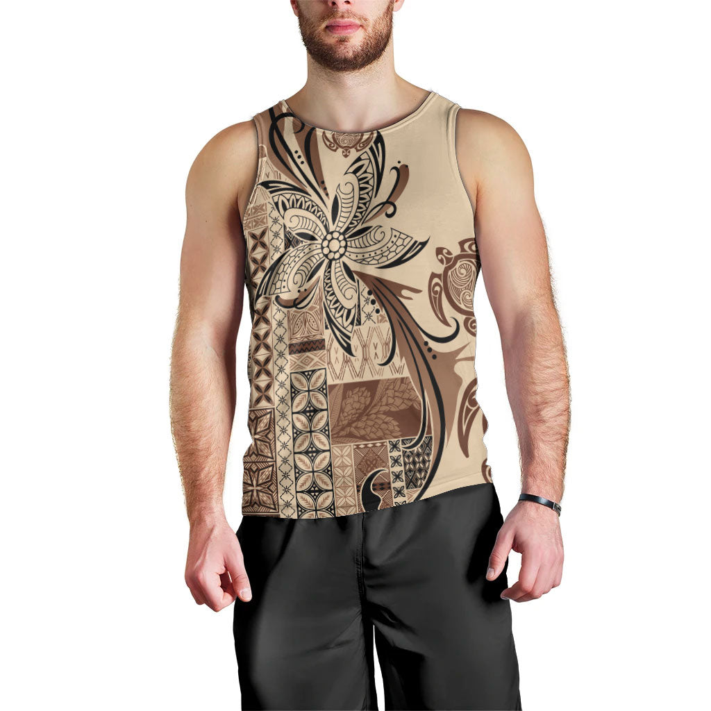 Talofa Samoa Mamanu Siapo Mix Malu Men Tank Top Classic Beige Frangipani and Turtles LT7 - Polynesian Pride