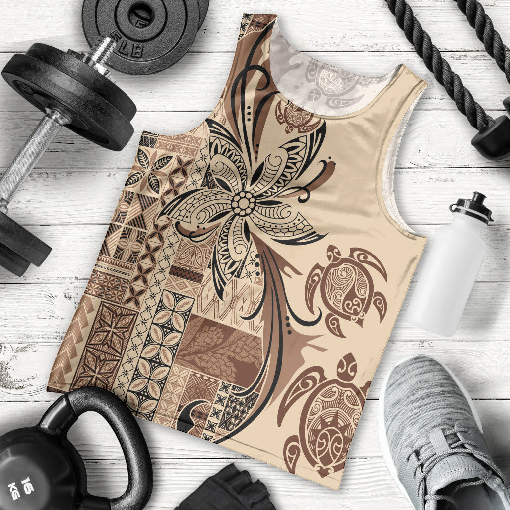 Talofa Samoa Mamanu Siapo Mix Malu Men Tank Top Classic Beige Frangipani and Turtles LT7 - Polynesian Pride
