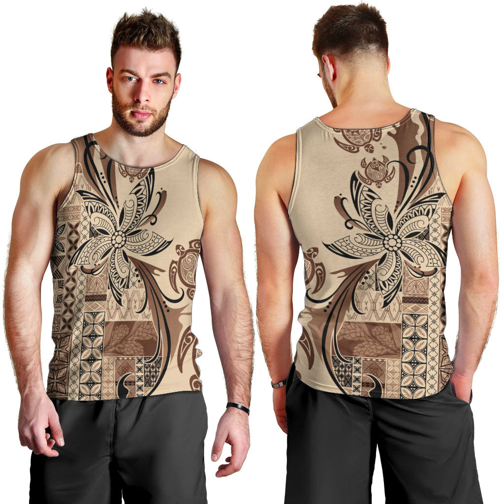 Talofa Samoa Mamanu Siapo Mix Malu Men Tank Top Classic Beige Frangipani and Turtles LT7 - Polynesian Pride