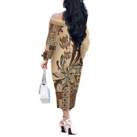 Talofa Samoa Mamanu Siapo Mix Malu Off The Shoulder Long Sleeve Dress Classic Beige Frangipani and Turtles LT7 - Polynesian Pride