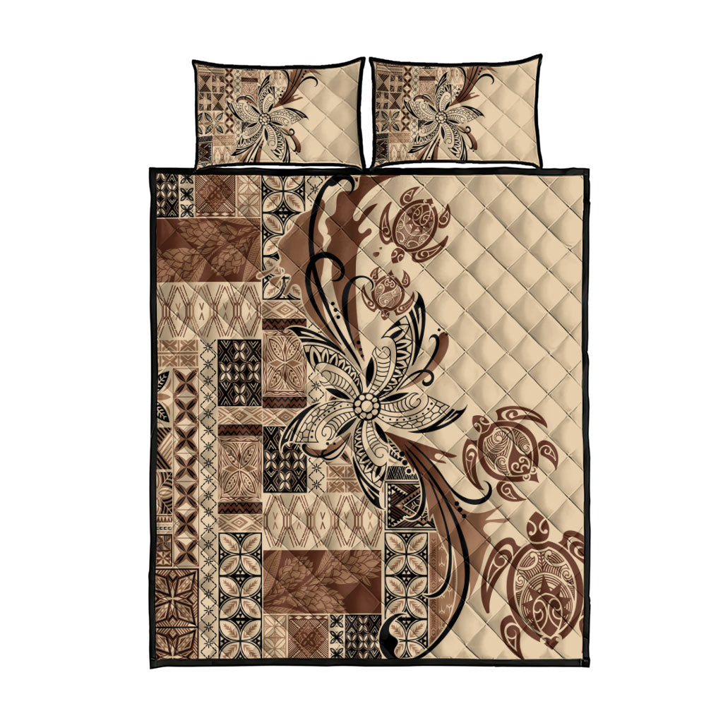 Talofa Samoa Mamanu Siapo Mix Malu Quilt Bed Set Classic Beige Frangipani and Turtles