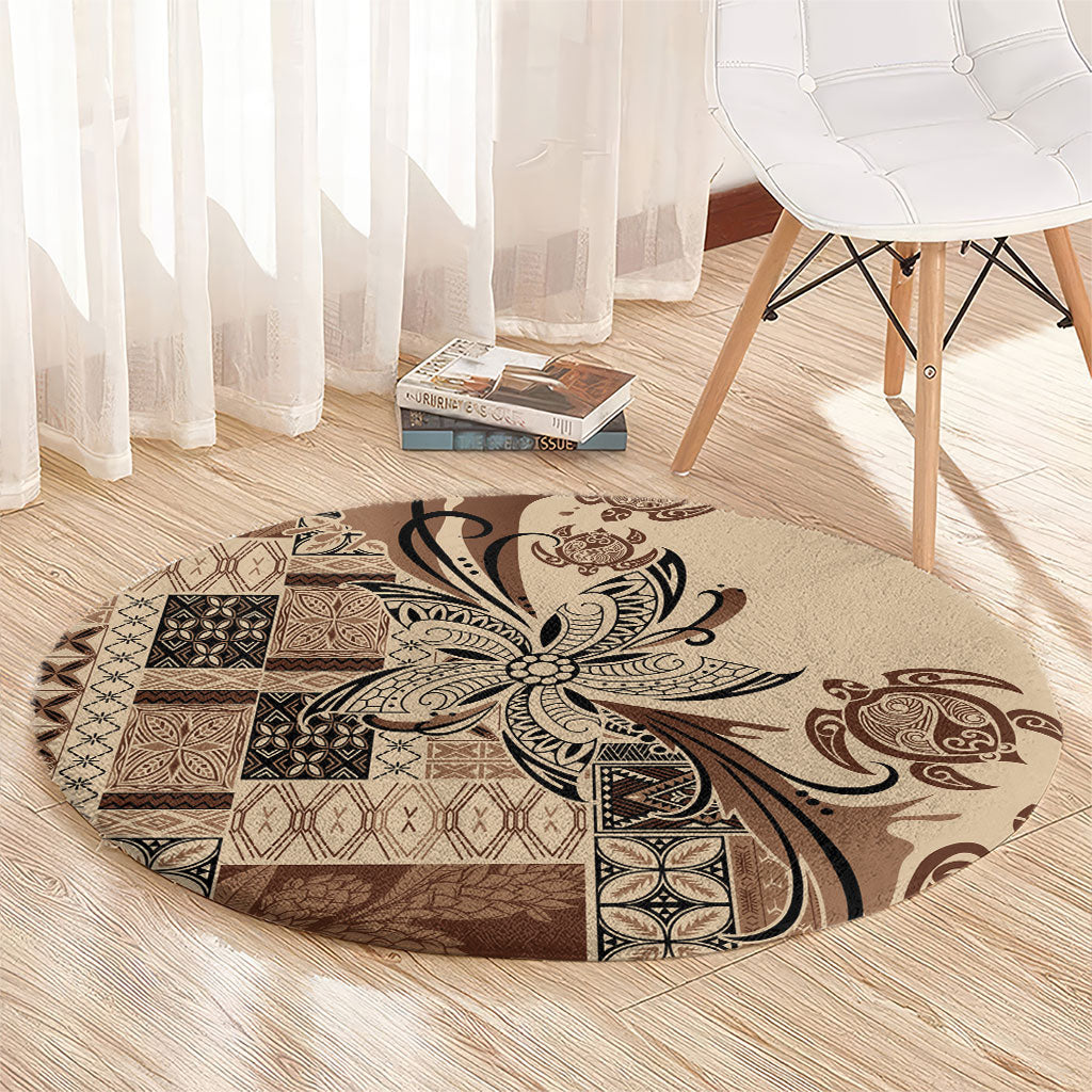 Talofa Samoa Mamanu Siapo Mix Malu Round Carpet Classic Beige Frangipani and Turtles