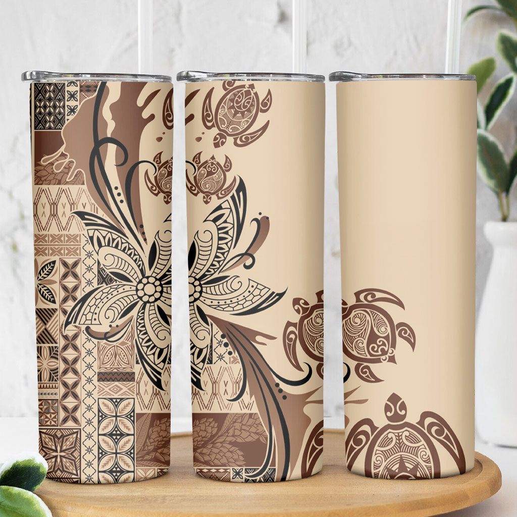 Talofa Samoa Mamanu Siapo Mix Malu Skinny Tumbler Classic Beige Frangipani and Turtles LT7 - Polynesian Pride