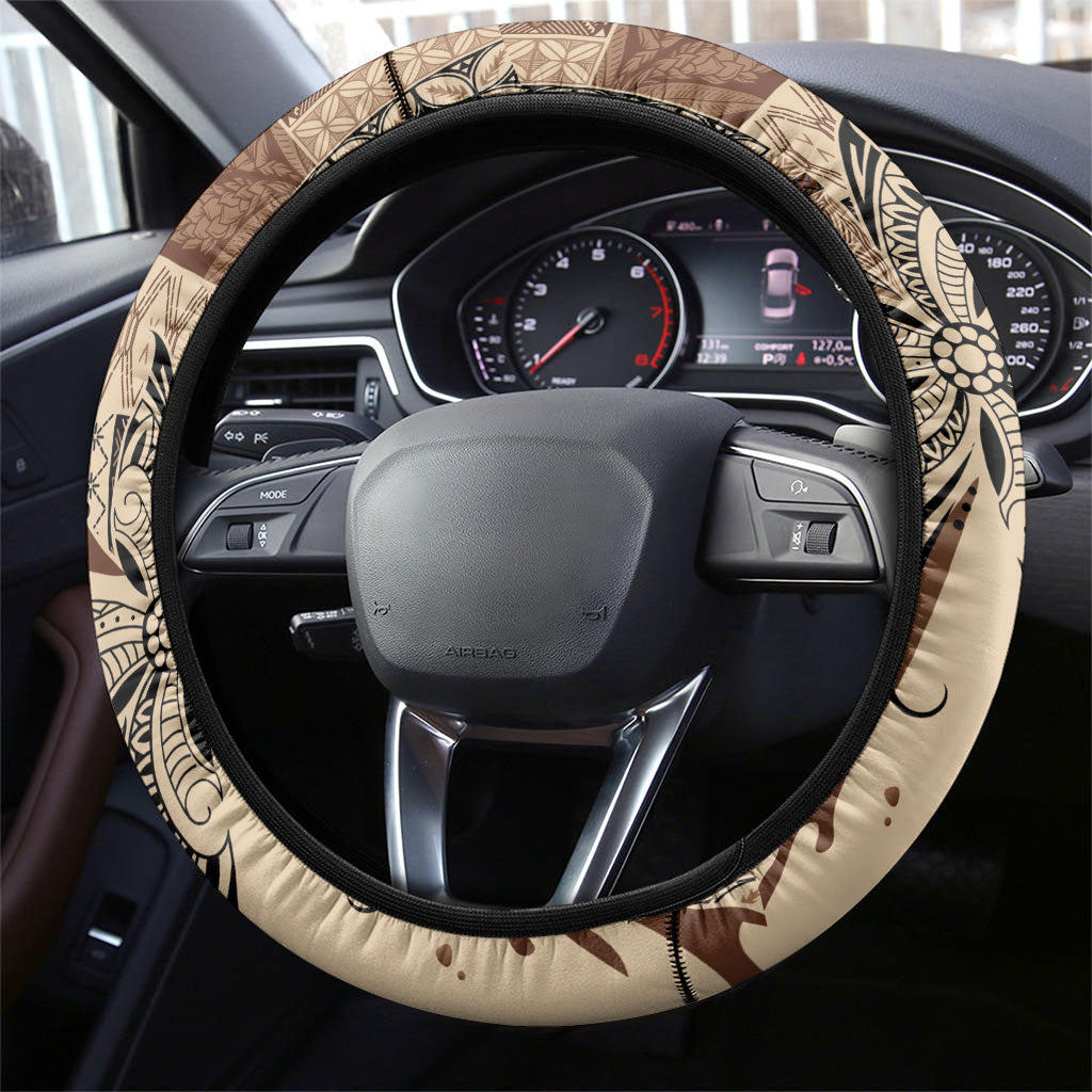 Talofa Samoa Mamanu Siapo Mix Malu Steering Wheel Cover Classic Beige Frangipani and Turtles LT7 - Polynesian Pride