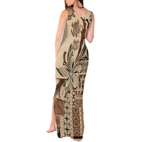 Talofa Samoa Mamanu Siapo Mix Malu Tank Maxi Dress Classic Beige Frangipani and Turtles
