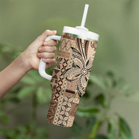 Talofa Samoa Mamanu Siapo Mix Malu Tumbler With Handle Classic Beige Frangipani and Turtles