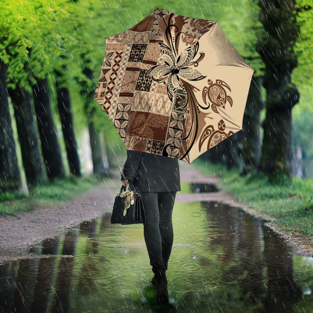 Talofa Samoa Mamanu Siapo Mix Malu Umbrella Classic Beige Frangipani and Turtles