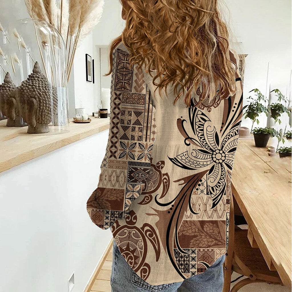 Talofa Samoa Mamanu Siapo Mix Malu Women Casual Shirt Classic Beige Frangipani and Turtles LT7 - Polynesian Pride
