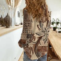 Talofa Samoa Mamanu Siapo Mix Malu Women Casual Shirt Classic Beige Frangipani and Turtles LT7 - Polynesian Pride