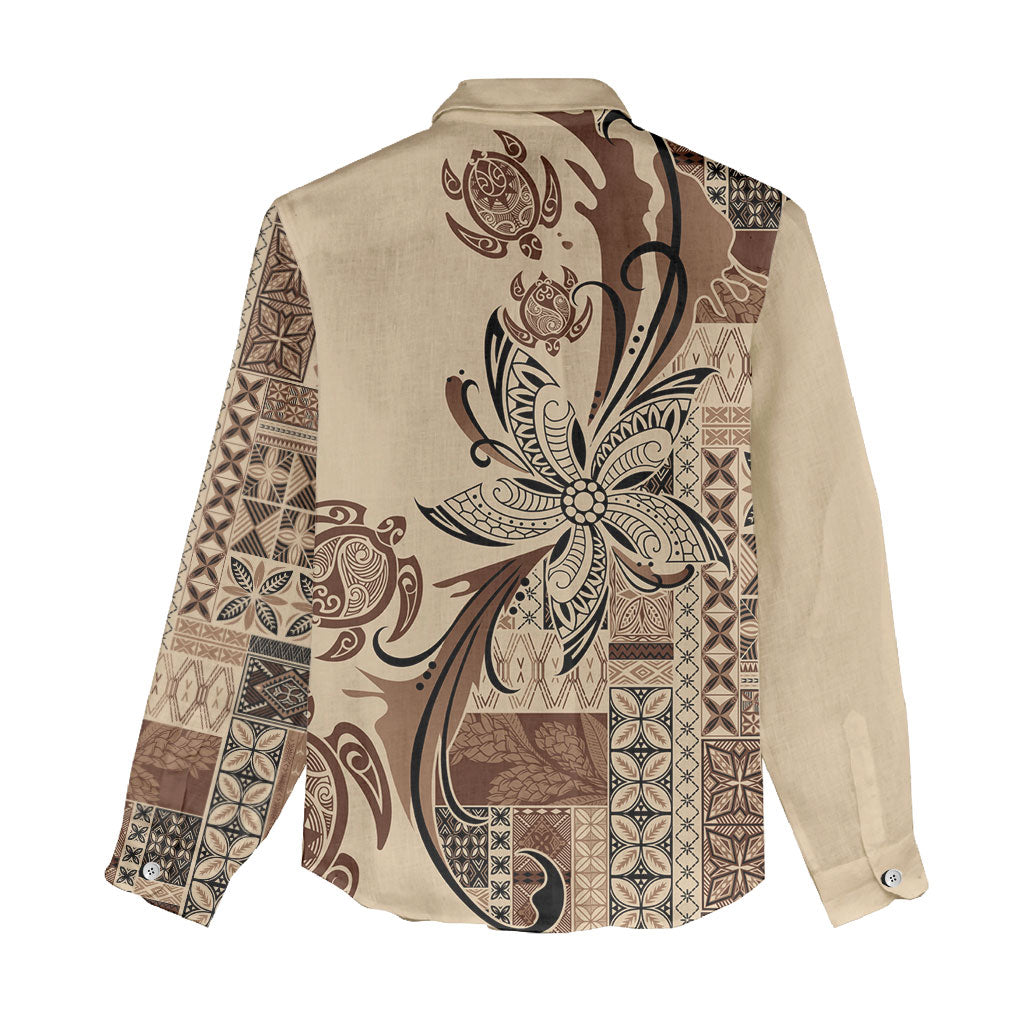 Talofa Samoa Mamanu Siapo Mix Malu Women Casual Shirt Classic Beige Frangipani and Turtles LT7 - Polynesian Pride