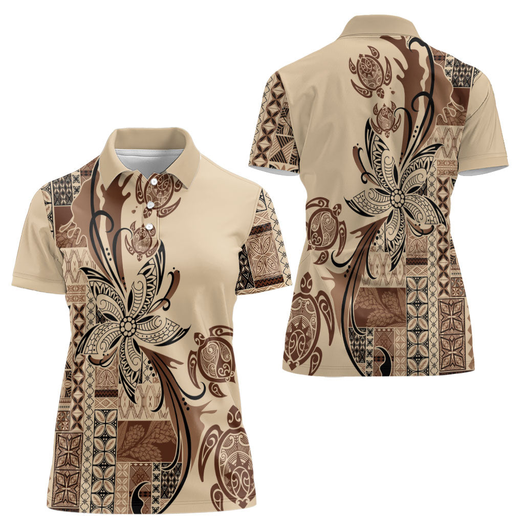 Talofa Samoa Mamanu Siapo Mix Malu Women Polo Shirt Classic Beige Frangipani and Turtles LT7 - Polynesian Pride