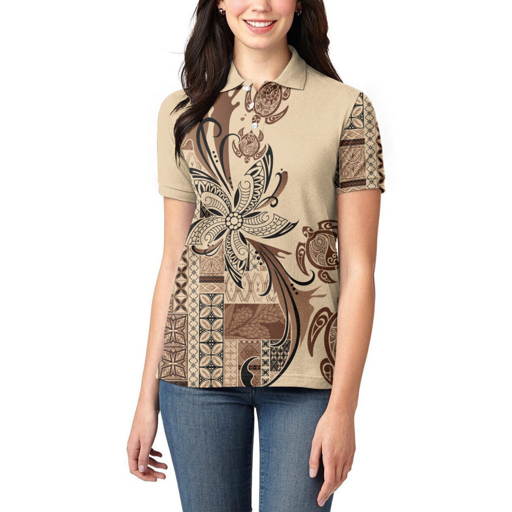 Talofa Samoa Mamanu Siapo Mix Malu Women Polo Shirt Classic Beige Frangipani and Turtles LT7 - Polynesian Pride
