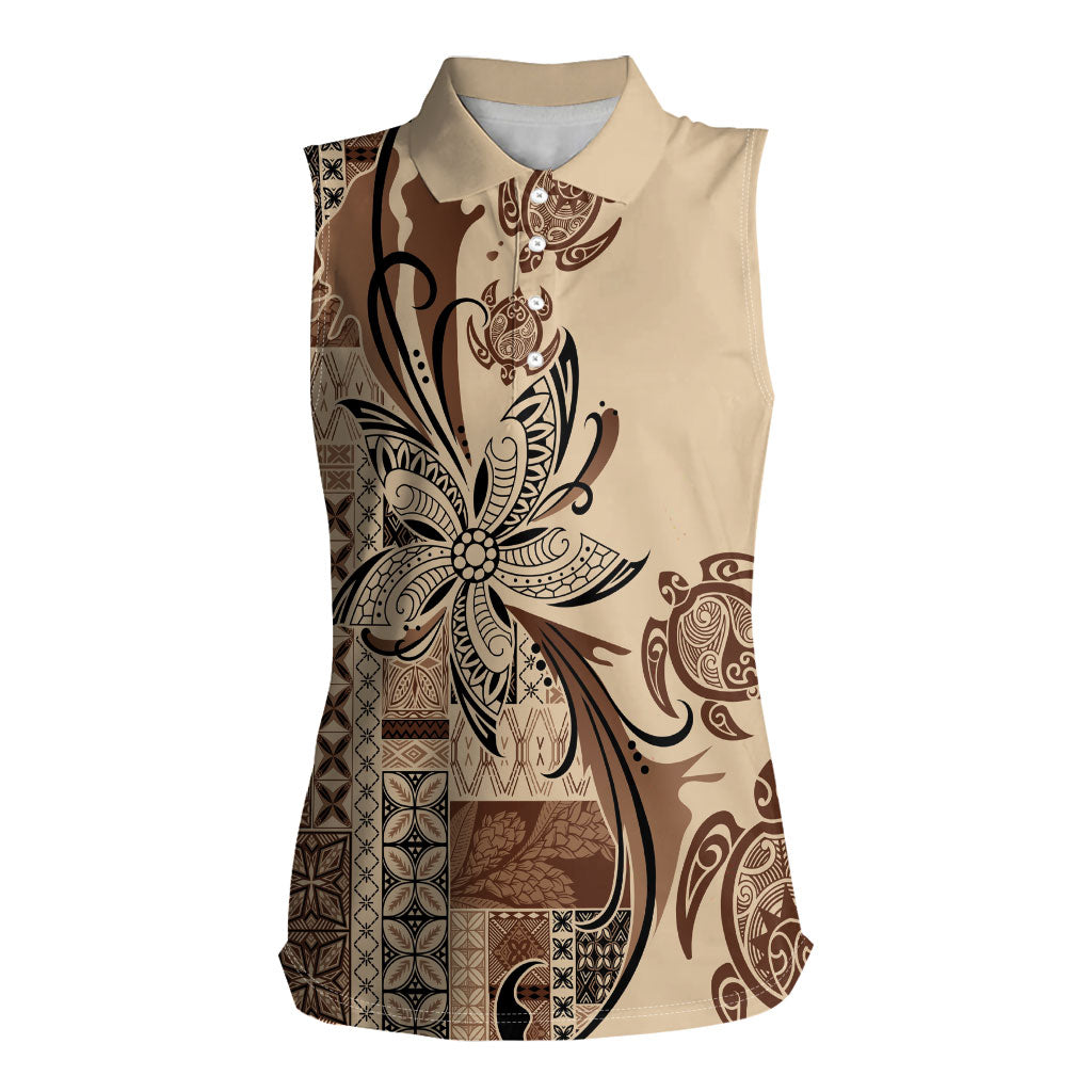 Talofa Samoa Mamanu Siapo Mix Malu Women Sleeveless Polo Shirt Classic Beige Frangipani and Turtles LT7 Female Beige - Polynesian Pride