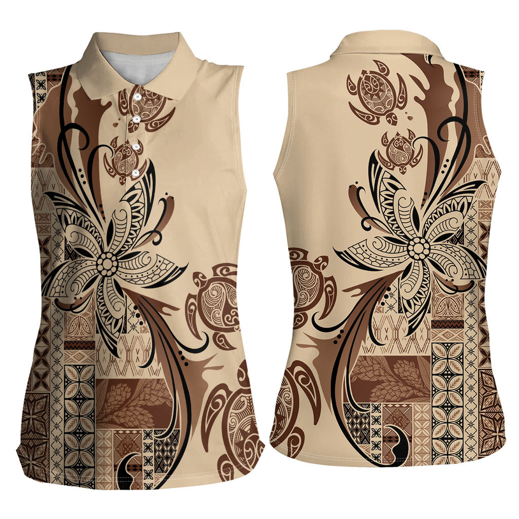 Talofa Samoa Mamanu Siapo Mix Malu Women Sleeveless Polo Shirt Classic Beige Frangipani and Turtles LT7 - Polynesian Pride