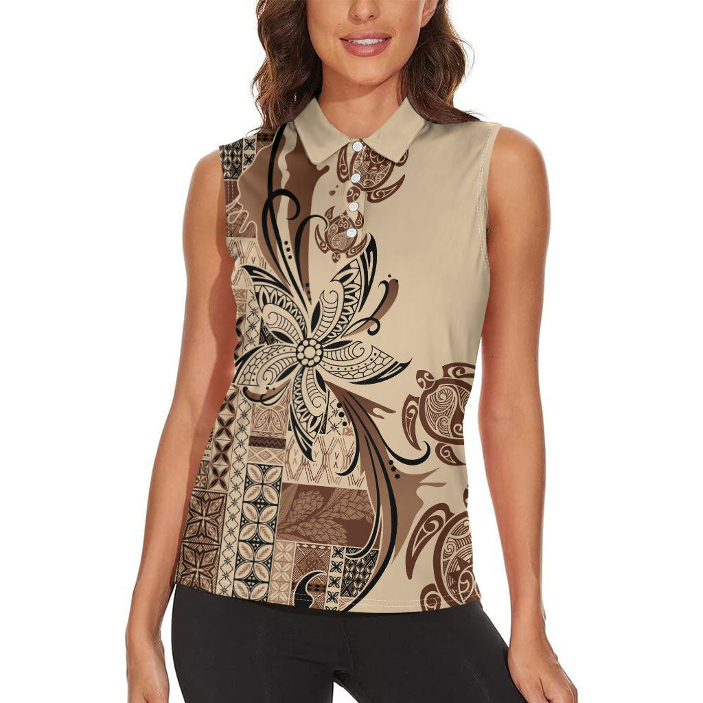 Talofa Samoa Mamanu Siapo Mix Malu Women Sleeveless Polo Shirt Classic Beige Frangipani and Turtles LT7 - Polynesian Pride