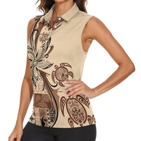 Talofa Samoa Mamanu Siapo Mix Malu Women Sleeveless Polo Shirt Classic Beige Frangipani and Turtles LT7 - Polynesian Pride
