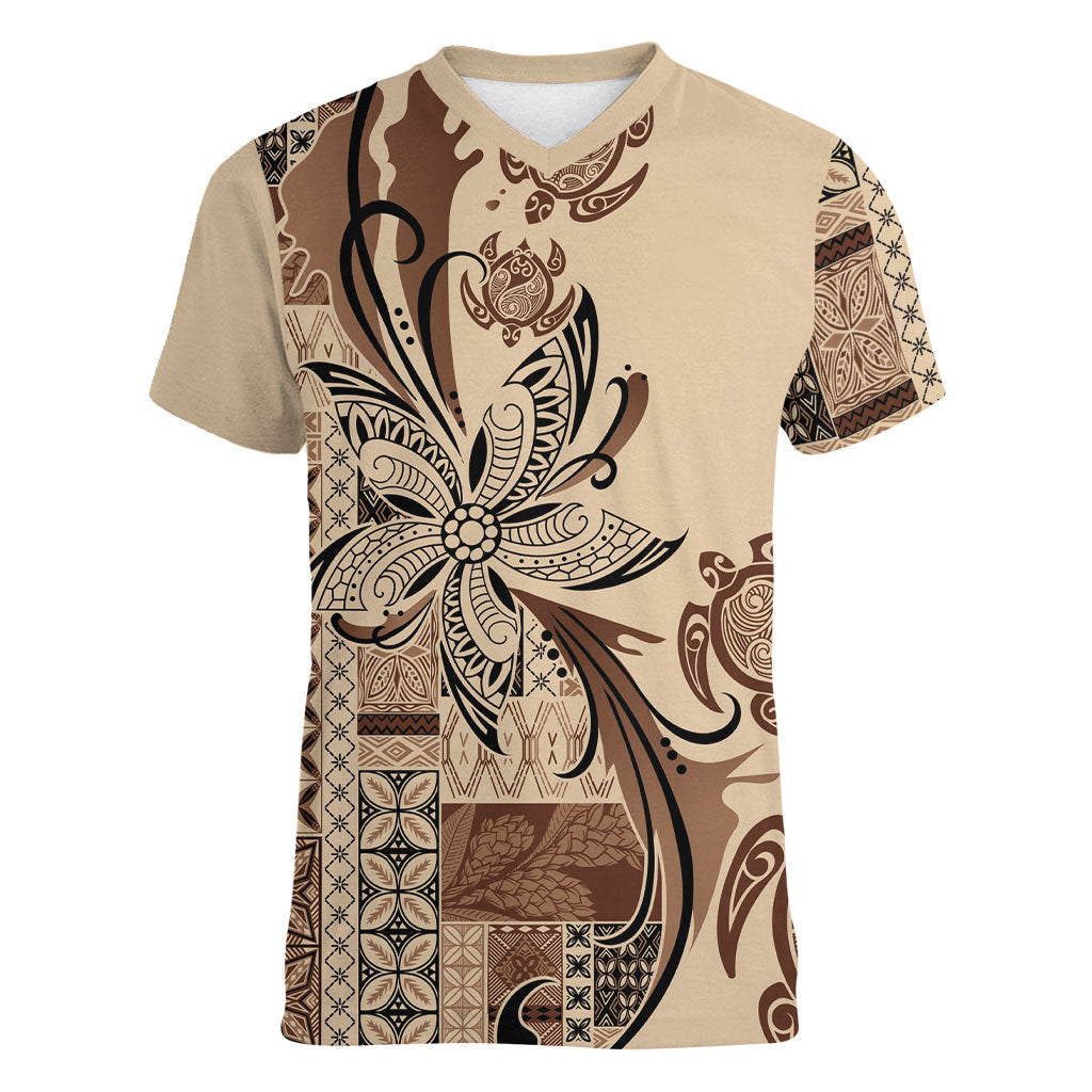 Talofa Samoa Mamanu Siapo Mix Malu Women V-Neck T-Shirt Classic Beige Frangipani and Turtles LT7 Female Beige - Polynesian Pride