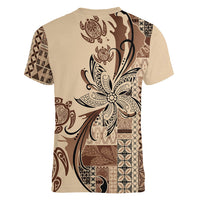 Talofa Samoa Mamanu Siapo Mix Malu Women V-Neck T-Shirt Classic Beige Frangipani and Turtles LT7 - Polynesian Pride