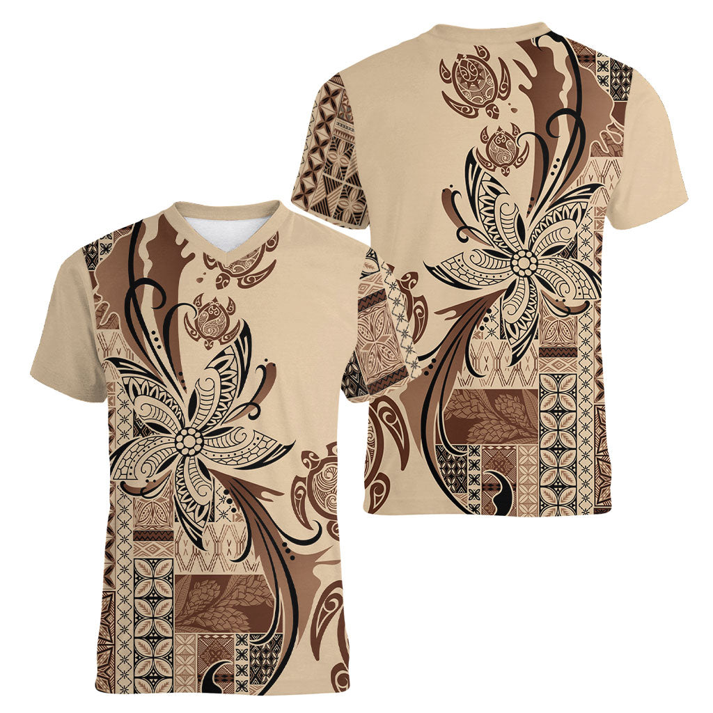 Talofa Samoa Mamanu Siapo Mix Malu Women V-Neck T-Shirt Classic Beige Frangipani and Turtles LT7 - Polynesian Pride