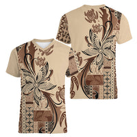 Talofa Samoa Mamanu Siapo Mix Malu Women V-Neck T-Shirt Classic Beige Frangipani and Turtles LT7 - Polynesian Pride