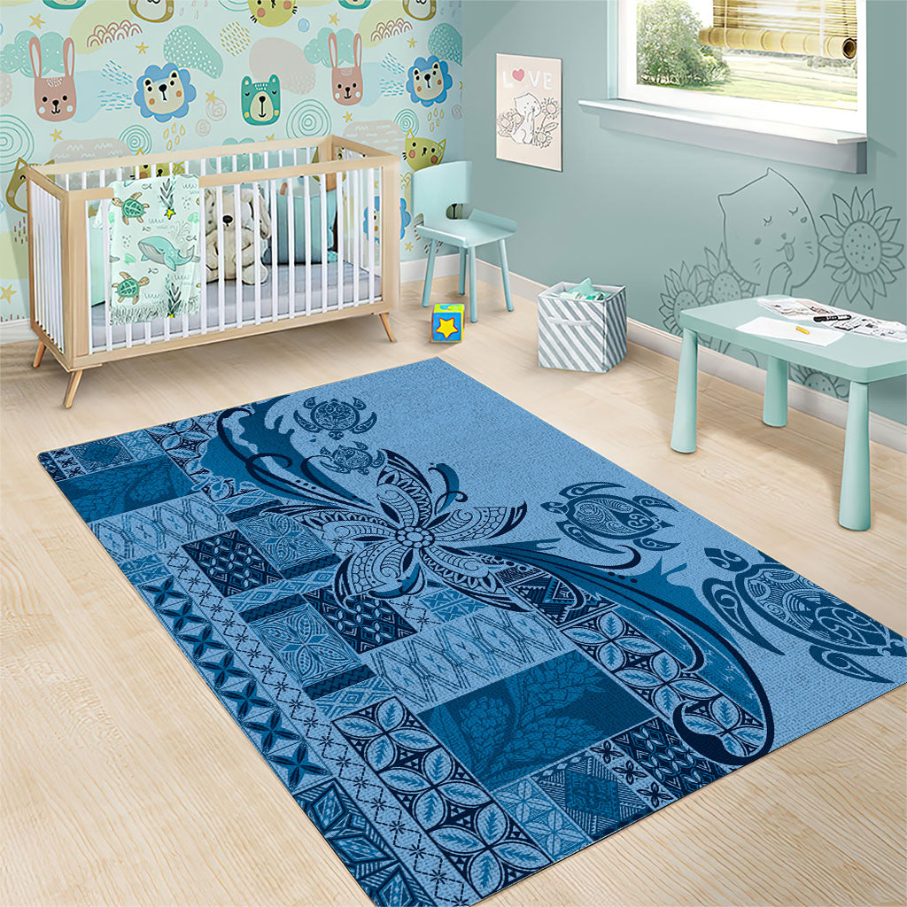 Talofa Samoa Mamanu Siapo Mix Malu Area Rug Cool Blue Frangipani and Turtles