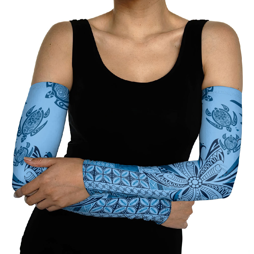 Talofa Samoa Mamanu Siapo Mix Malu Arm Sleeves Cool Blue Frangipani and Turtles