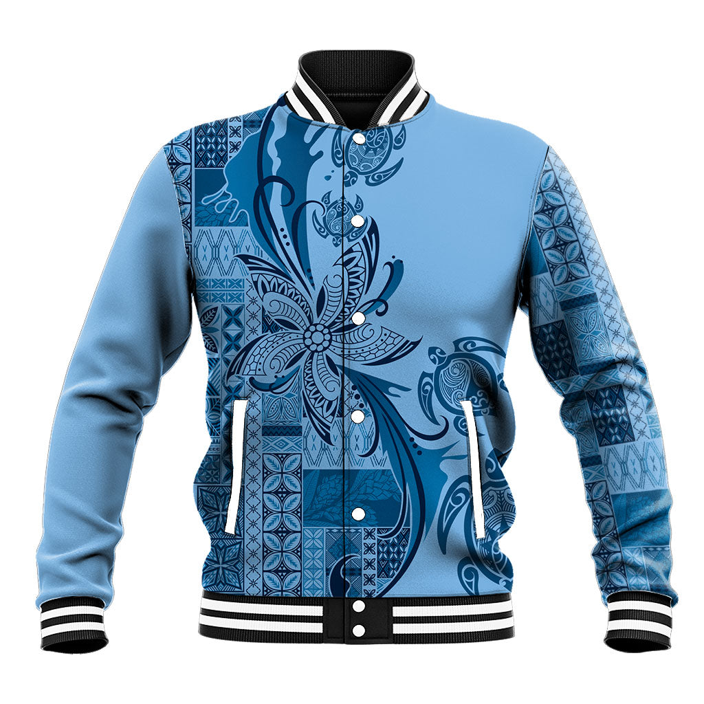 Talofa Samoa Mamanu Siapo Mix Malu Baseball Jacket Cool Blue Frangipani and Turtles