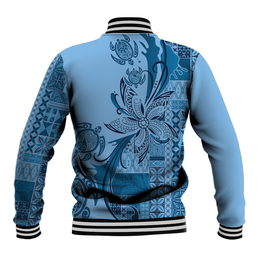 Talofa Samoa Mamanu Siapo Mix Malu Baseball Jacket Cool Blue Frangipani and Turtles