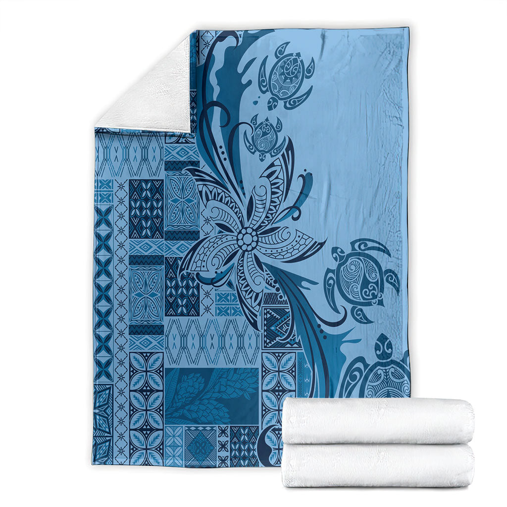 Talofa Samoa Mamanu Siapo Mix Malu Blanket Cool Blue Frangipani and Turtles