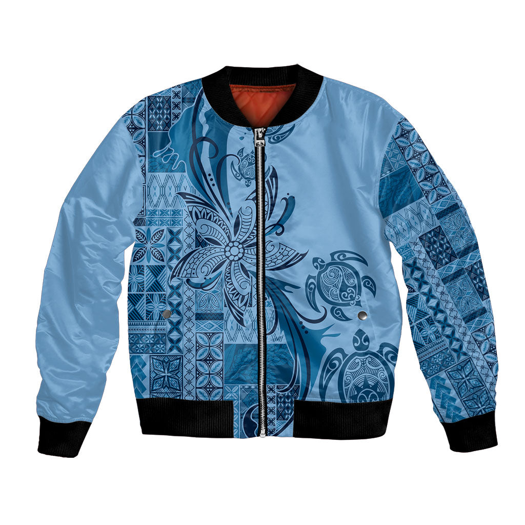 Talofa Samoa Mamanu Siapo Mix Malu Bomber Jacket Cool Blue Frangipani and Turtles
