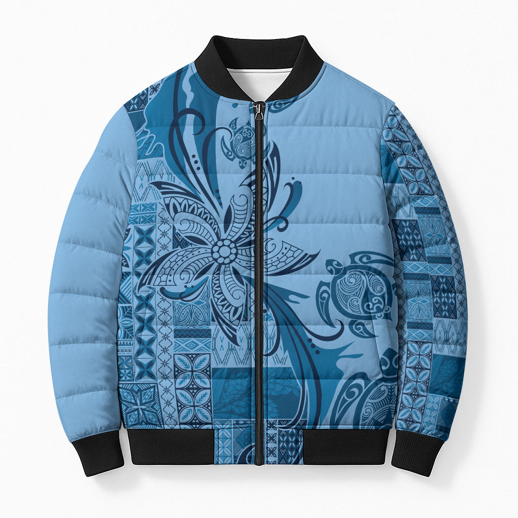 Talofa Samoa Mamanu Siapo Mix Malu Bomber Puffer Jacket Cool Blue Frangipani and Turtles