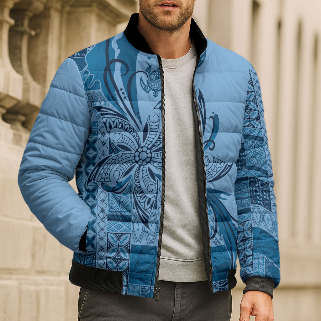 Talofa Samoa Mamanu Siapo Mix Malu Bomber Puffer Jacket Cool Blue Frangipani and Turtles