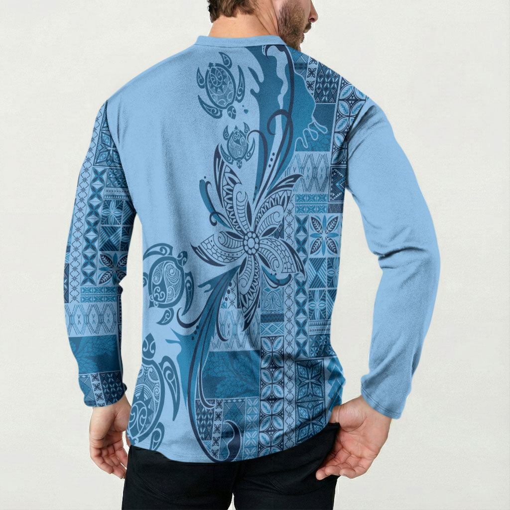 Talofa Samoa Mamanu Siapo Mix Malu Button Sweatshirt Cool Blue Frangipani and Turtles