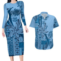 Talofa Samoa Mamanu Siapo Mix Malu Couples Matching Long Sleeve Bodycon Dress and Hawaiian Shirt Cool Blue Frangipani and Turtles LT7 Blue - Polynesian Pride