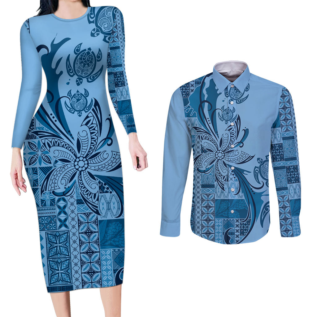 Talofa Samoa Mamanu Siapo Mix Malu Couples Matching Long Sleeve Bodycon Dress and Long Sleeve Button Shirt Cool Blue Frangipani and Turtles LT7 Blue - Polynesian Pride